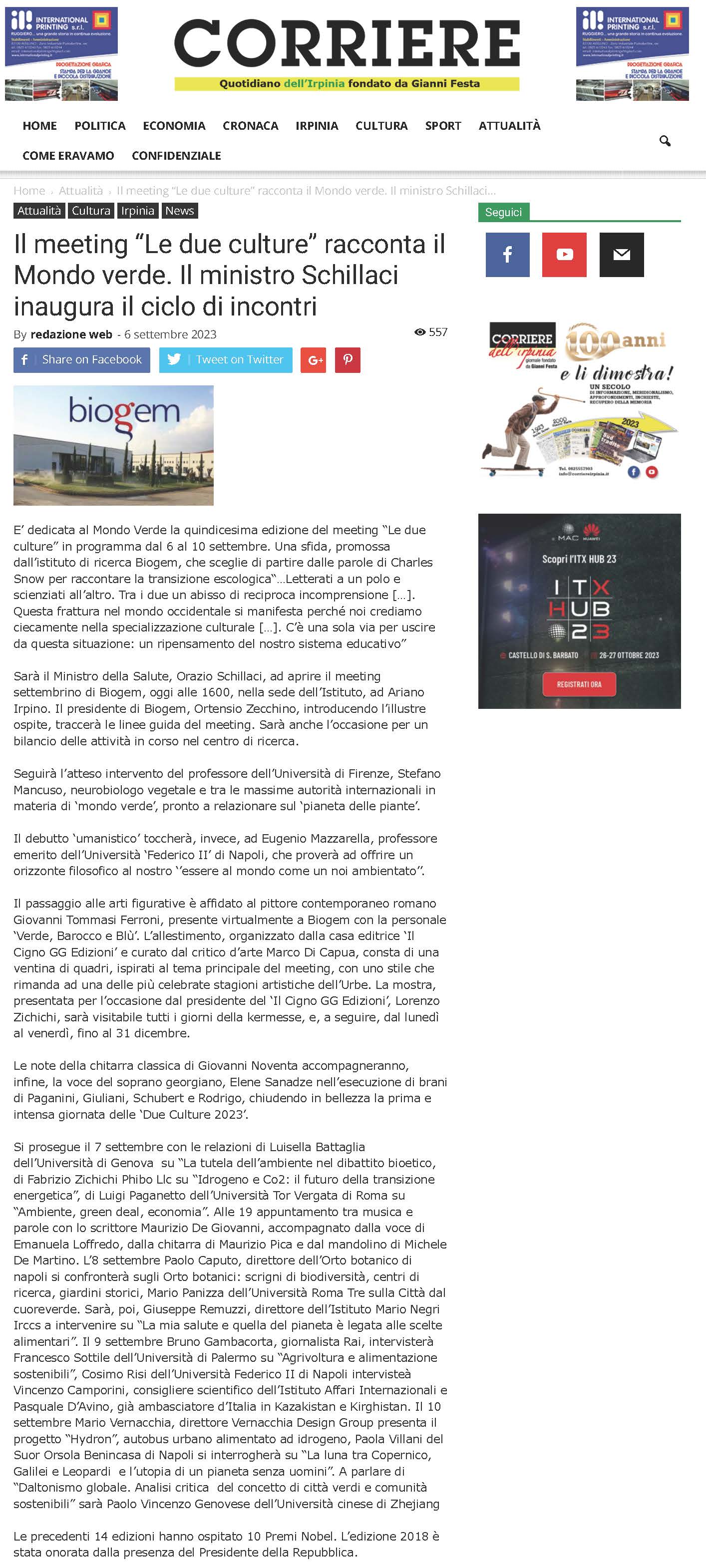 Il meeting “Le due culture” racconta il Mondo verde. Il ministro Schillaci inaugura il ciclo di incontri